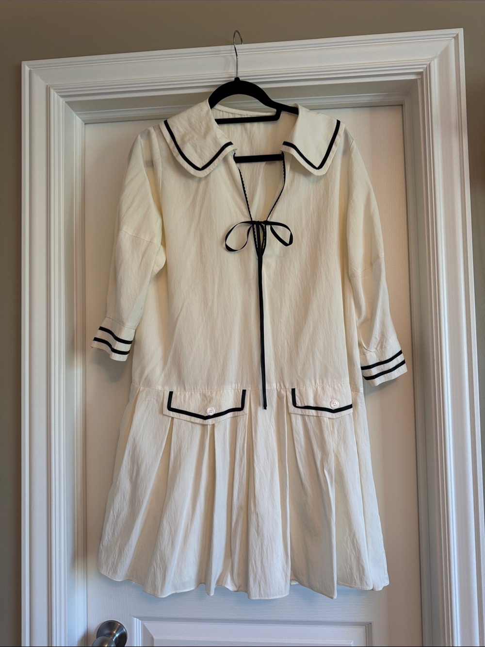 Cream Midi Dress with Black Trim and Sailor Collar